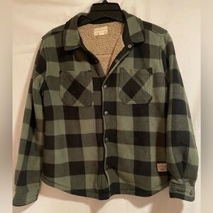Weatherproof Olive and Black Sherpa lined snap flannel Shacket